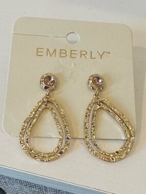 Emberly Gold Teardrop Dangle Earrings with Light Pink Crystal